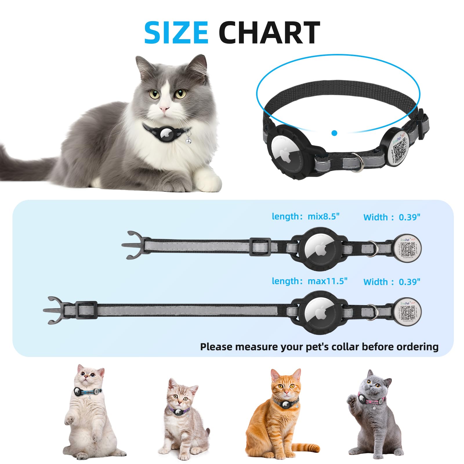 sucegi Airtag Cat Collar black design blends with fur and daily wear.