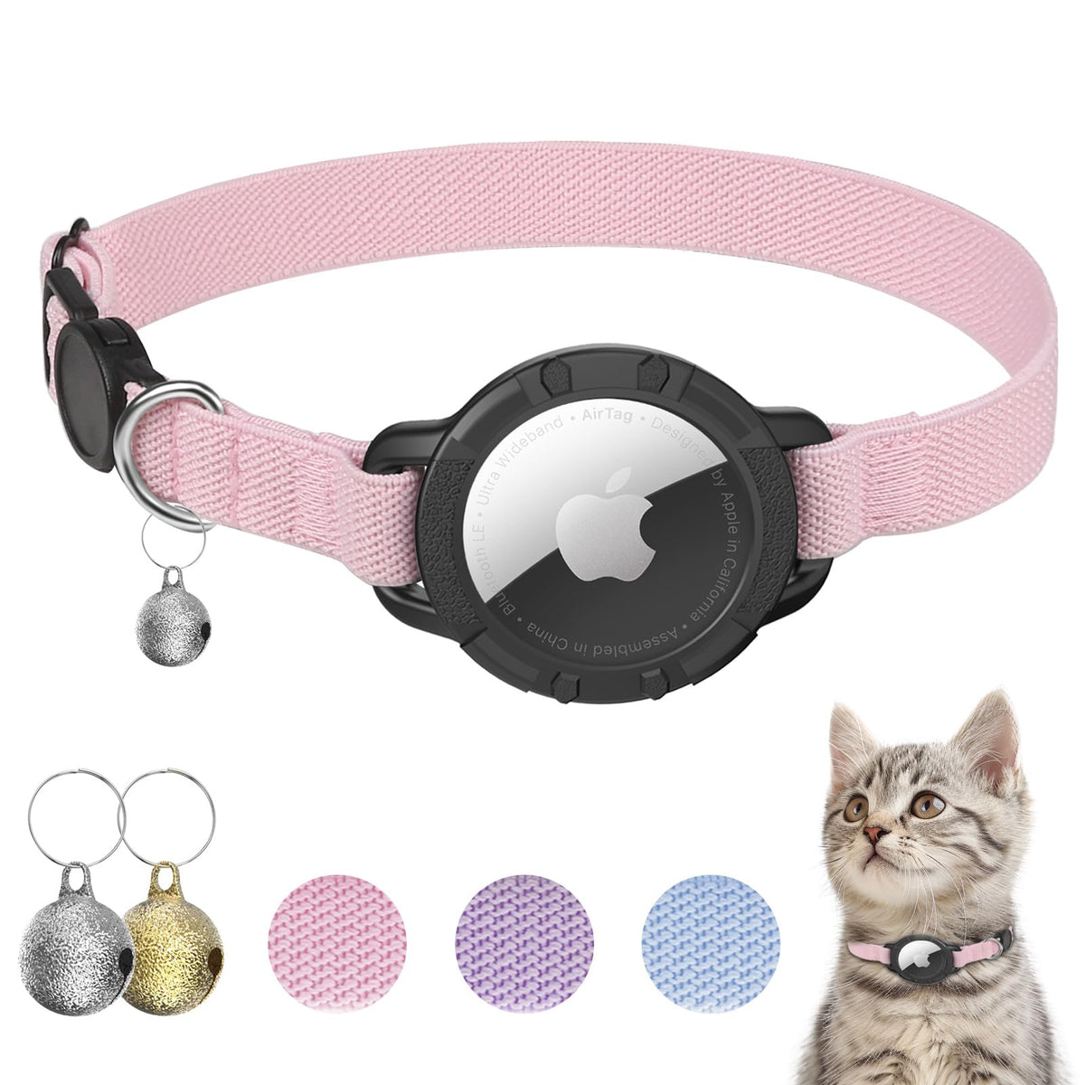 Sucegi AirTag cat collar pink adjustable close-up for secure fit