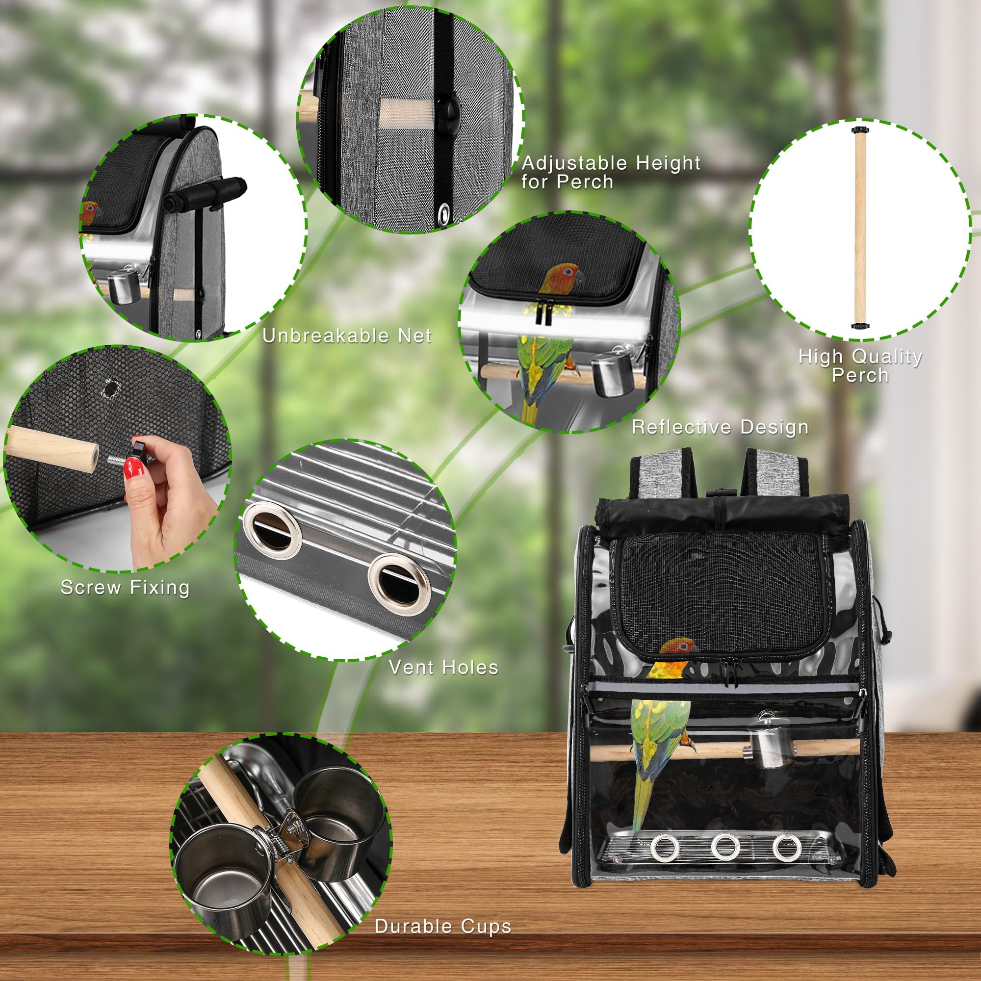 SUERTREE backpack-style travel bird cage for hands-free portability.