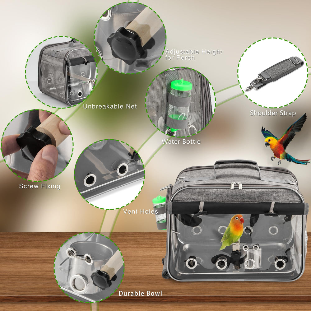 Suertree bird carrier shows feeding bowl, perch, and water bottle setup