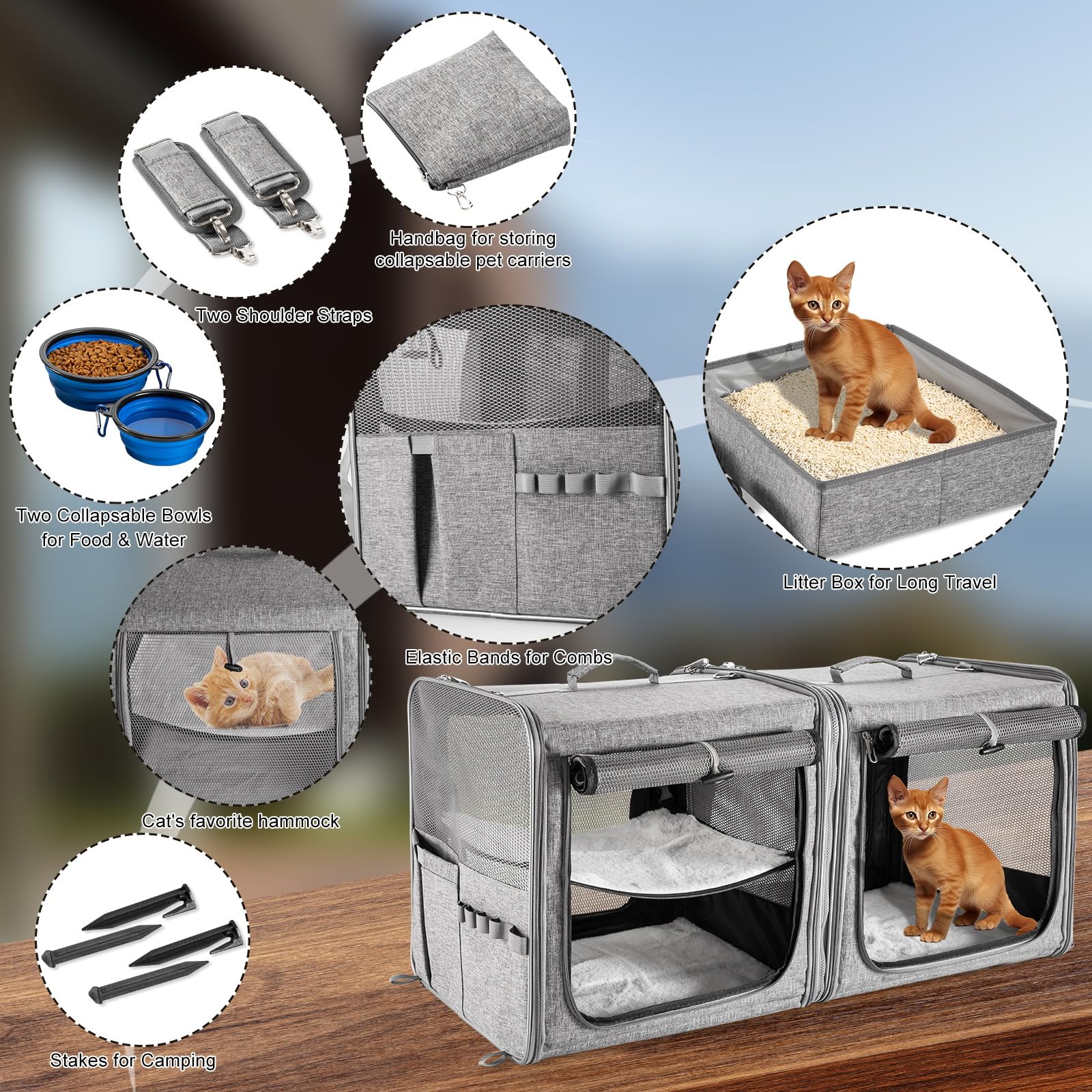 Suertree carrier includes bowls and litter box for convenience.