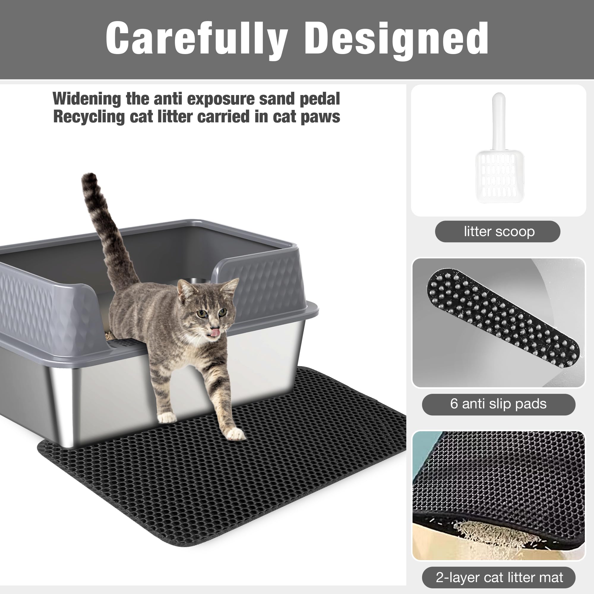 Suhaco deep side-entry litter box Grey designed to minimize litter kick-out during use.