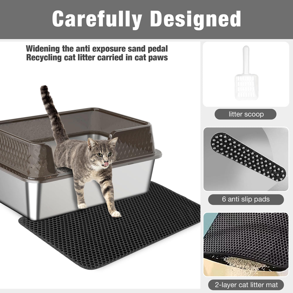 Suhaco small stainless steel litter box with deep walls for better litter containment.