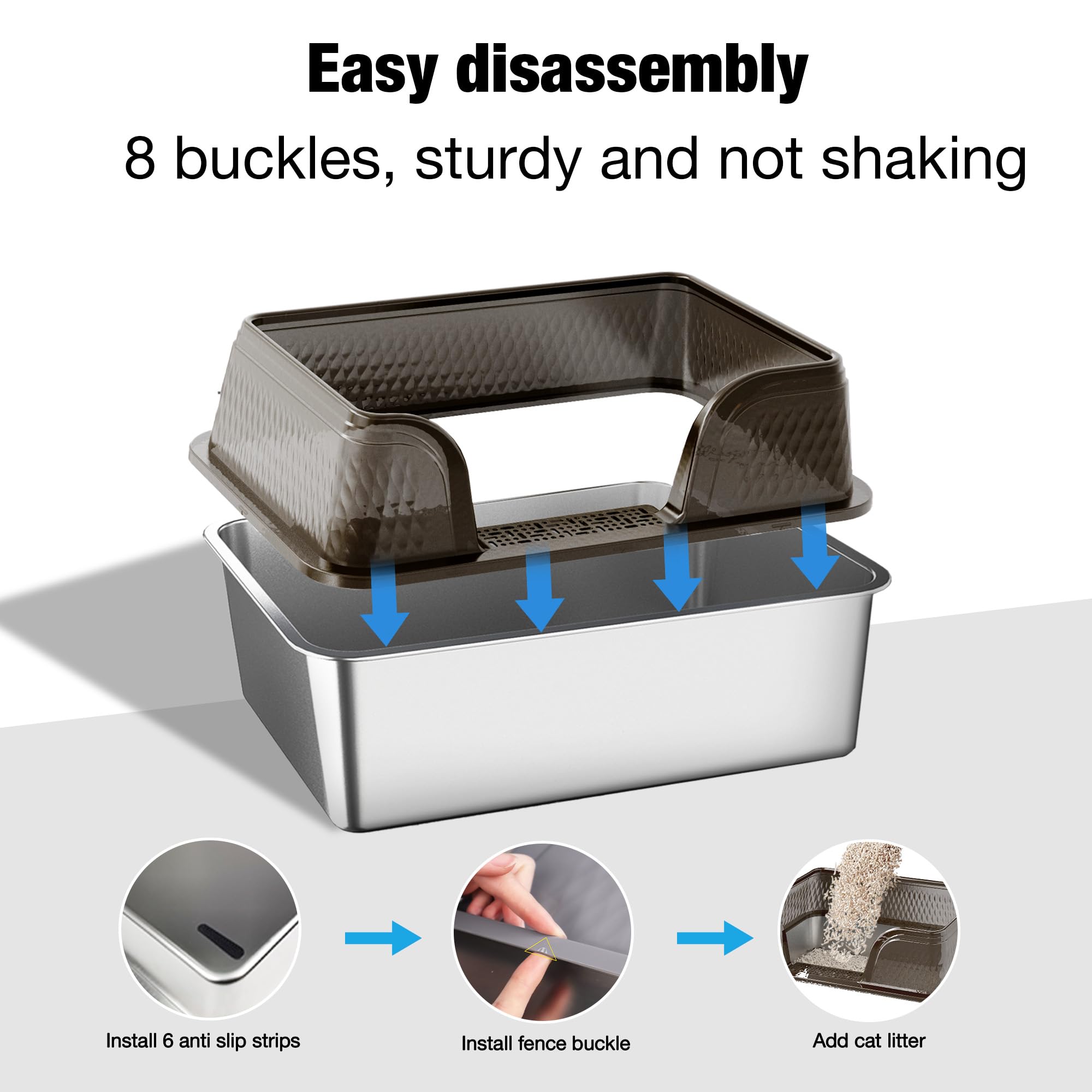 Suhaco XL high sided litter box in black minimizes splashes.