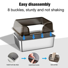 Suhaco XL high sided litter box in black minimizes splashes.