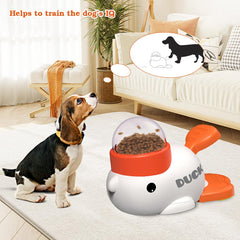 Suitchi press-type dispenser white dog toy side-angle view—illustrates self-directed feeding practice.