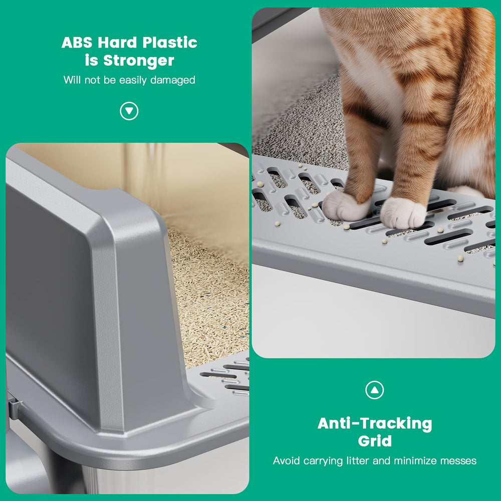 Suitfeel metal litter box with entrance filter reduces litter tracking.