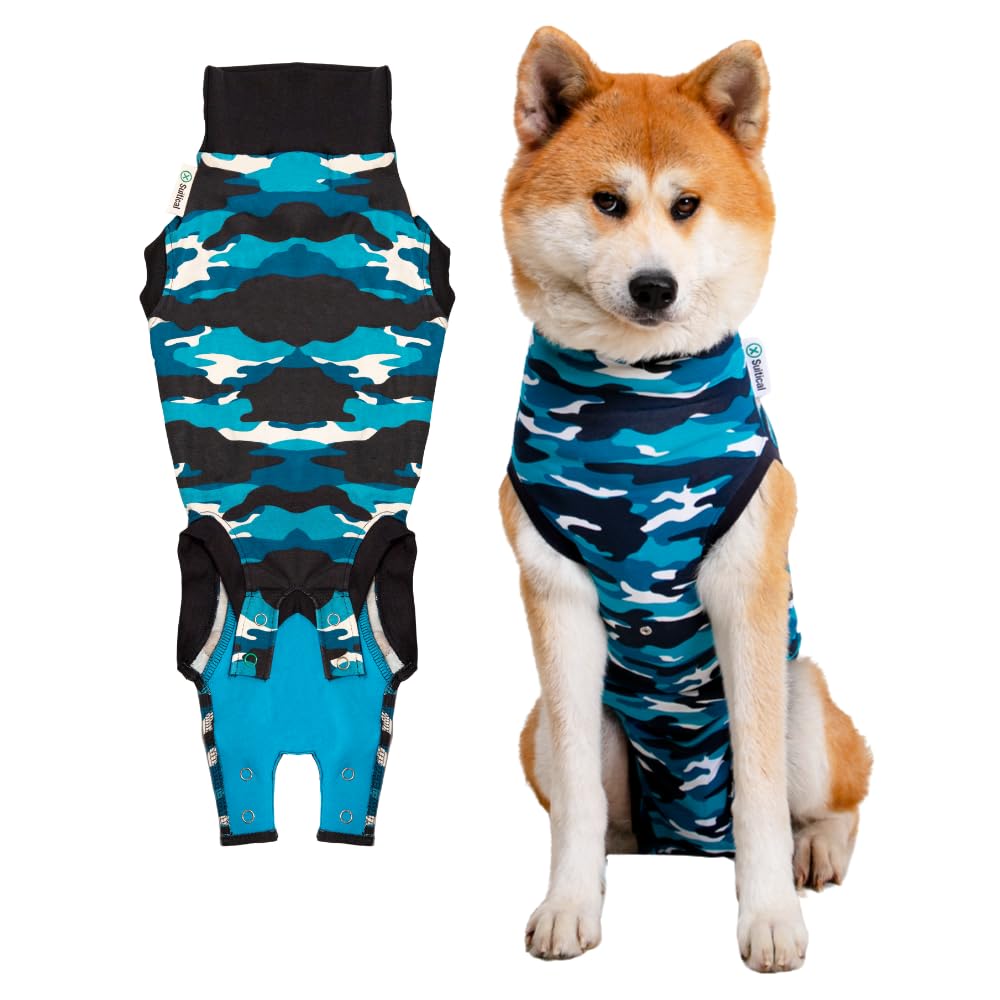 Suitical Recovery Suit dog large blue camouflage worn showing protective coverage