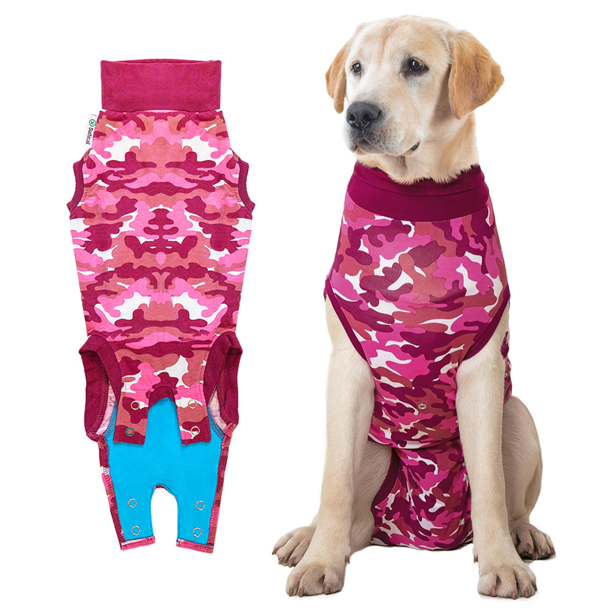 Suitical Recovery Suit on a dog wearing pink camouflage for post-surgery protection.