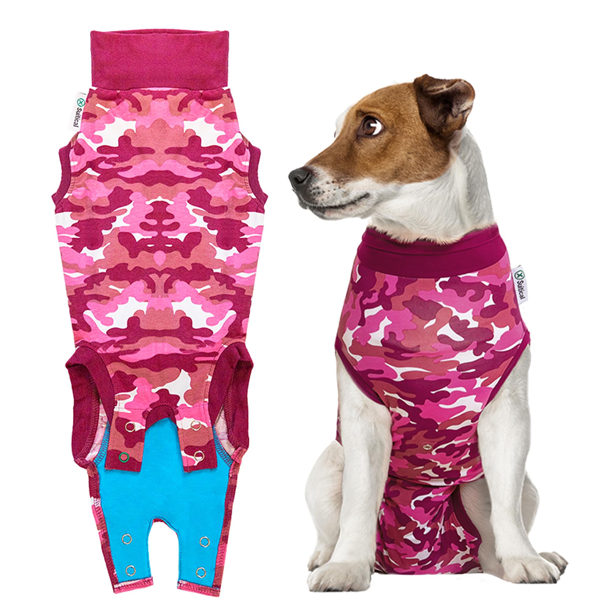 Suitical Recovery Suit for Dogs, front view, breathable pink camouflage, post-op comfort