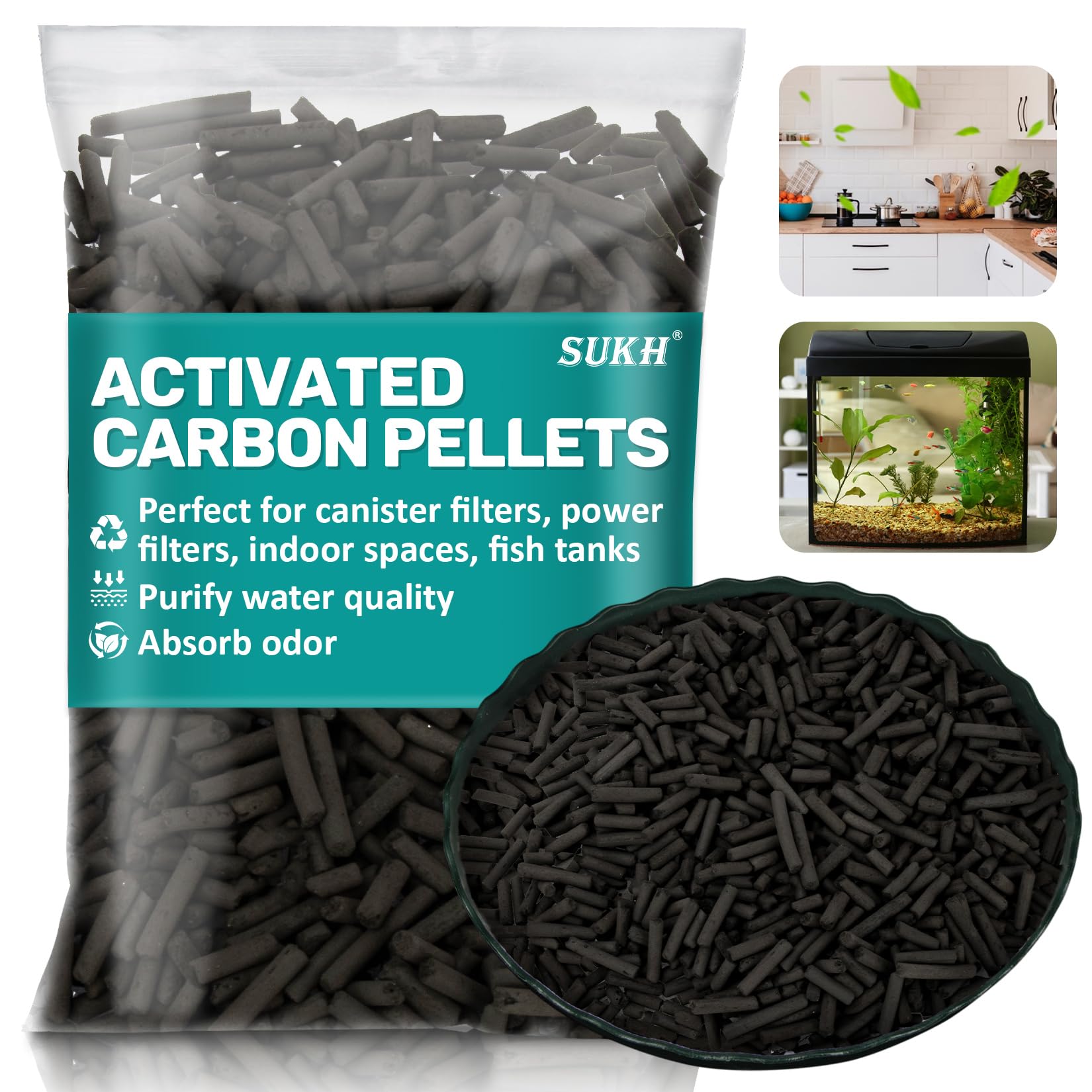 Sukh activated-carbon-pellets 4mm diameter for aquarium filtration and odor control.