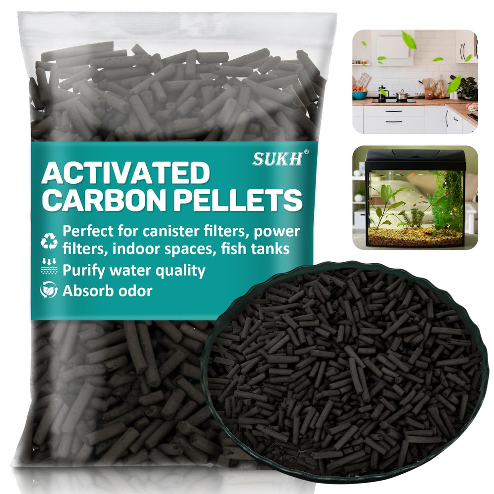 Sukh activated-carbon-pellets 4mm diameter for aquarium filtration and odor control.