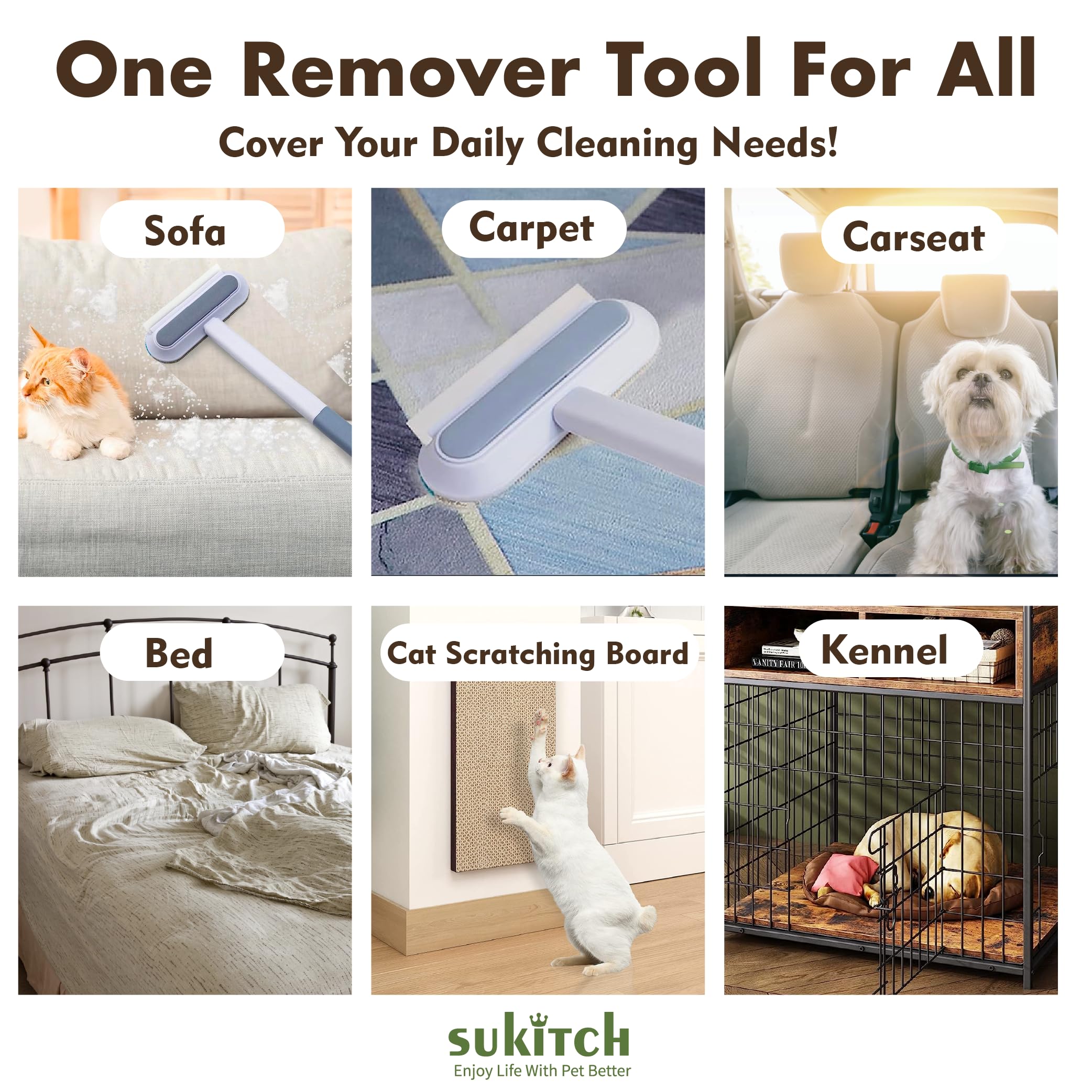 sukitch pet hair remover on carpets and cushions shows versatile use.