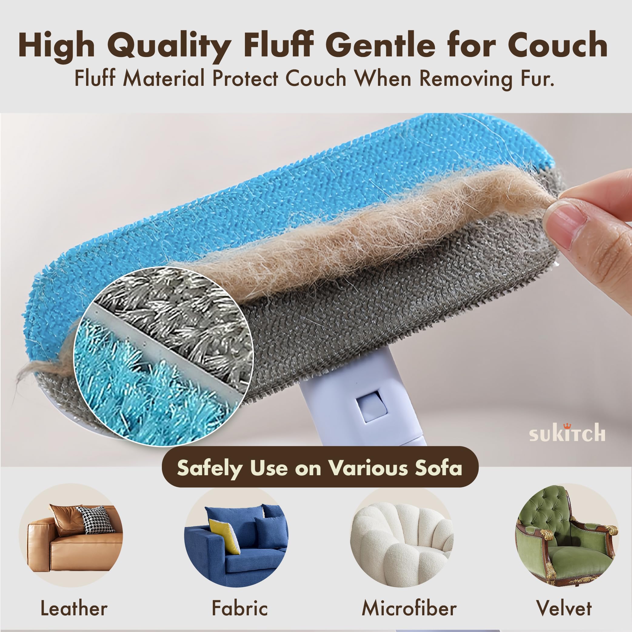 sukitch pet hair remover safe-on-leather close-up demonstrates upholstery care.