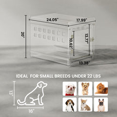 Sumerflos Clear Acrylic Dog Crate shown as end table setup for stylish living spaces.