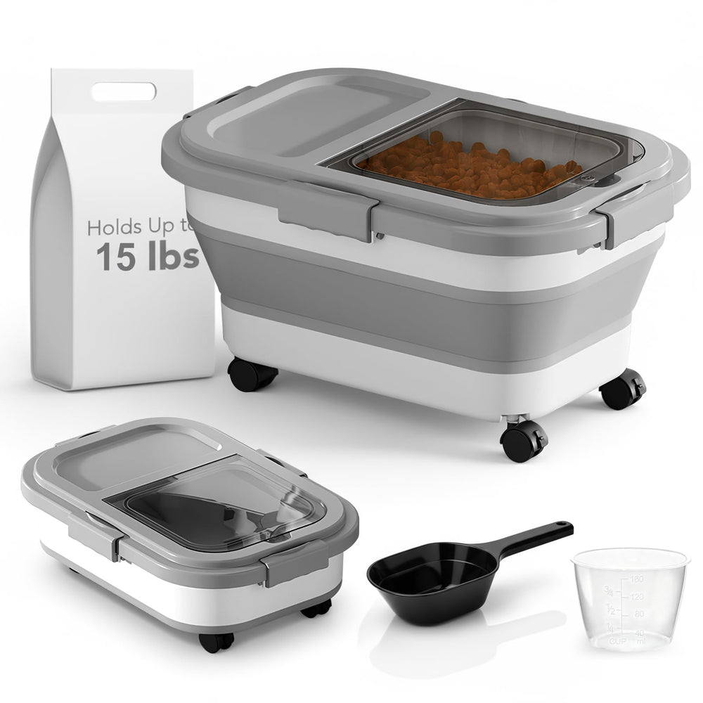 Summark 15lbs dog-cat food container in foldable form, saving space for travel.
