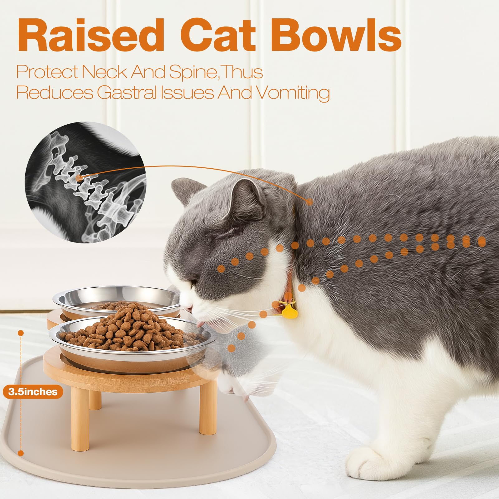Summark elevated cat bowls 3.5-inch raised design reduces neck strain during feeding.