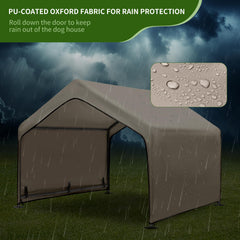 Summertrail ground-nail-secured-dog-shelter emphasizes stable setup in wind.