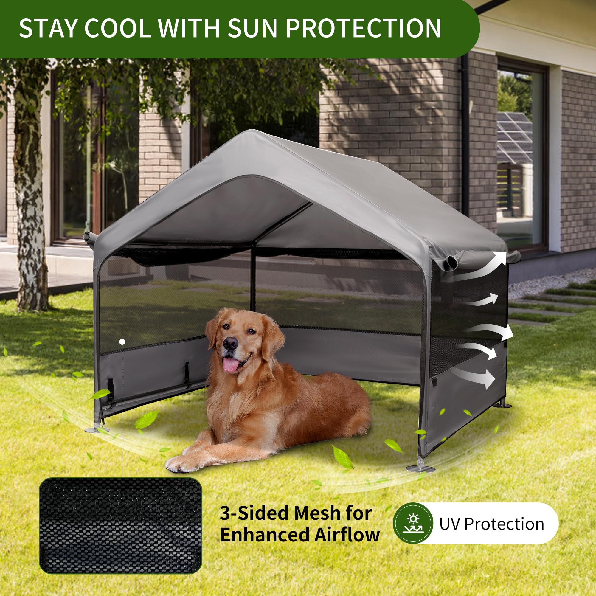 SUMMERTRAIL extralarge dog house front with three-sided mesh windows demonstrates airflow.