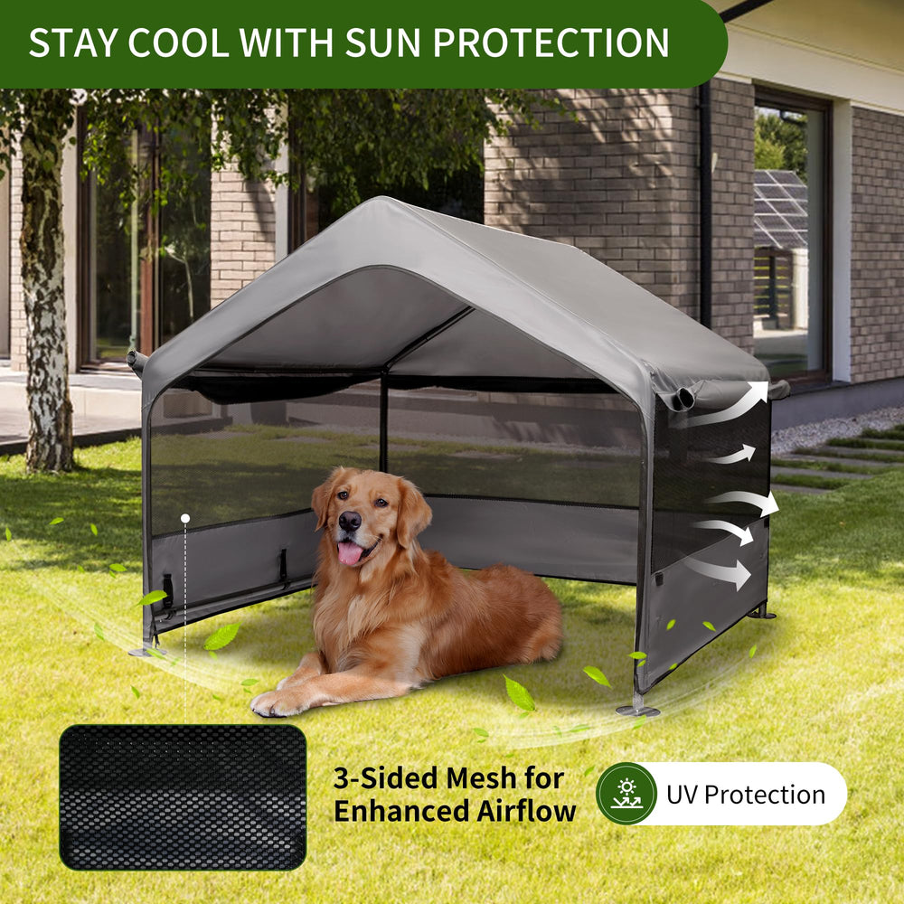 SUMMERTRAIL extralarge dog house front with three-sided mesh windows demonstrates airflow.