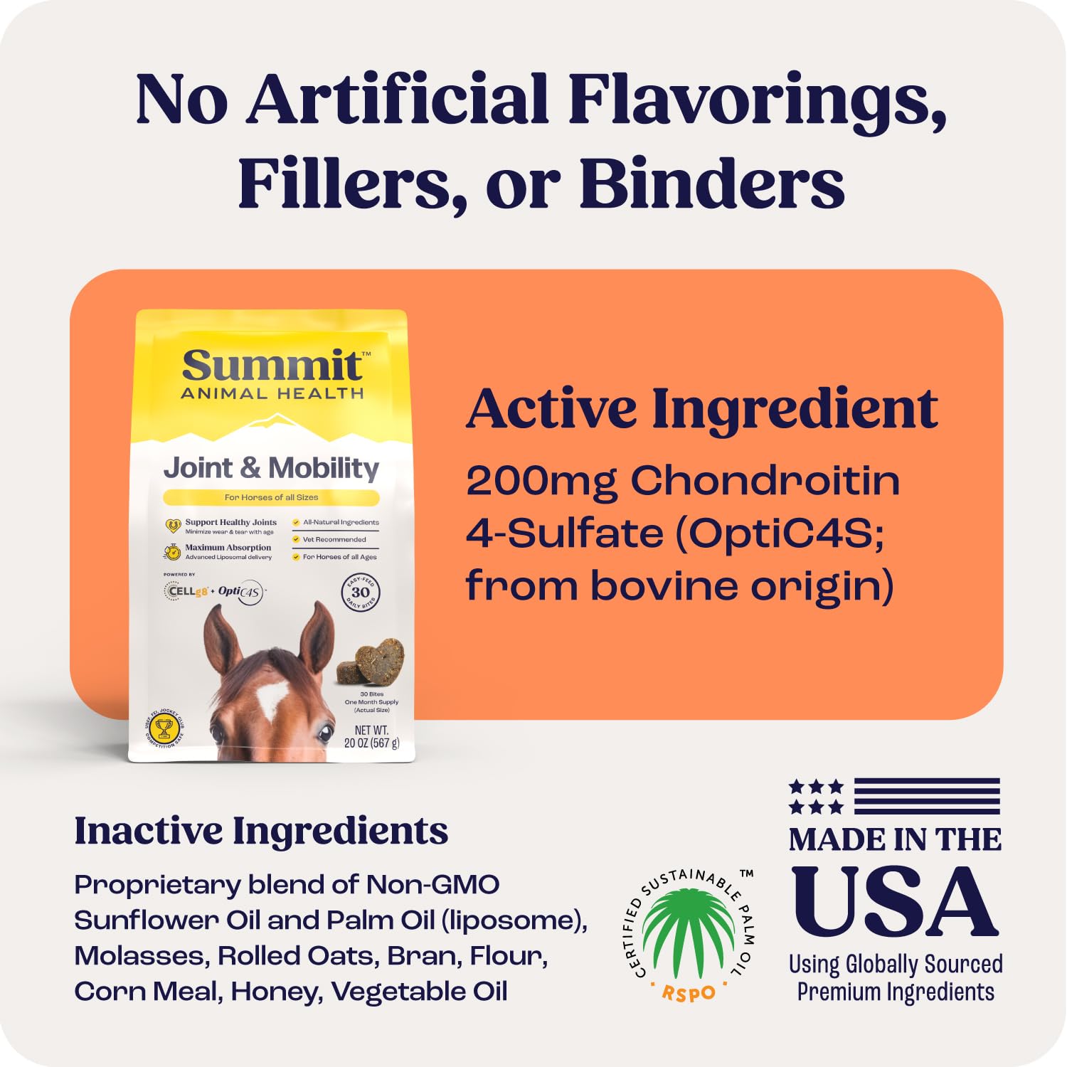 Summit Equine Joint & Mobility Bites closeup bite illustrating tasty, easy-to-feed supplement.