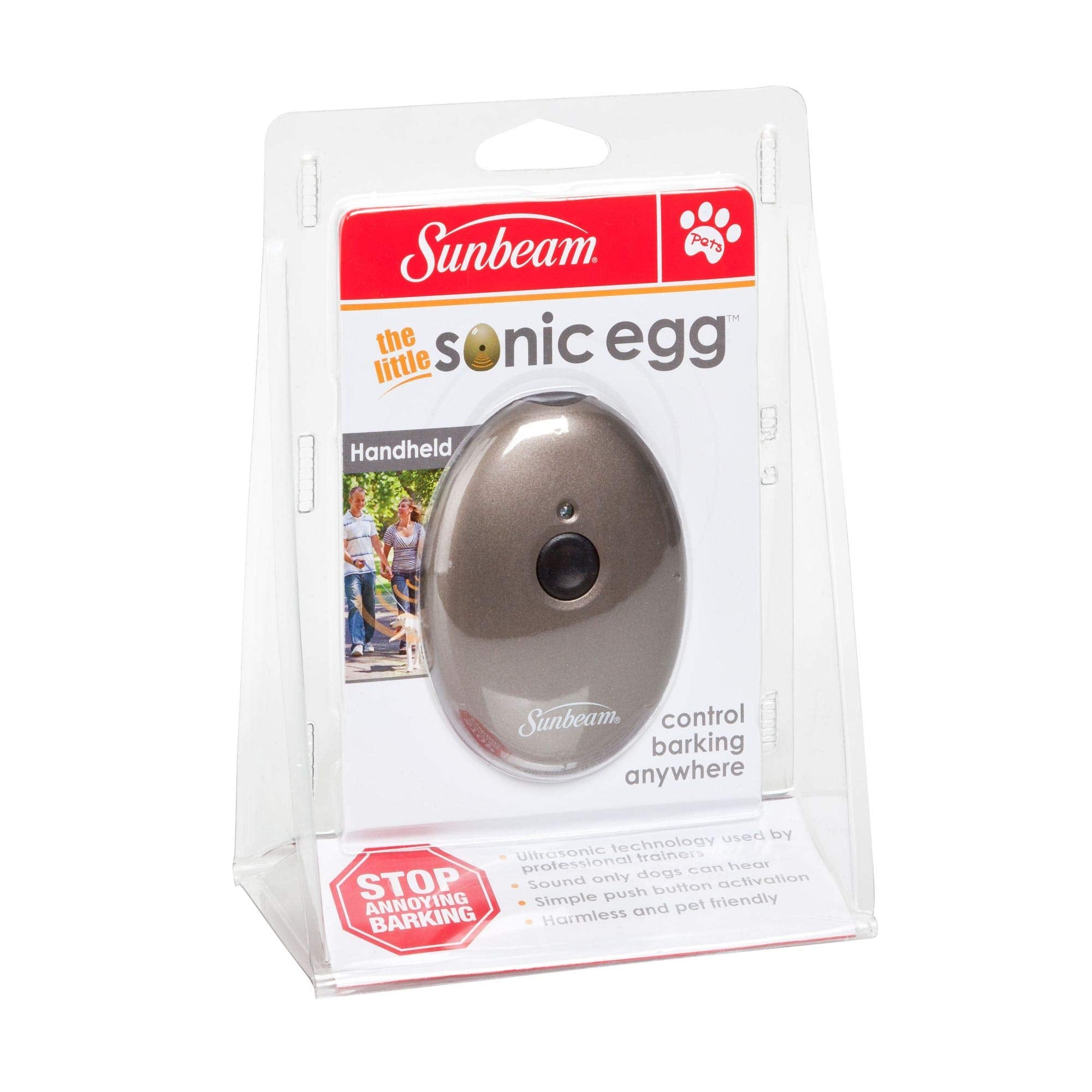 Sunbeam Little Sonic Egg wrist-strap close-up shows adjustable strap for secure, quick-access bark control on walks.