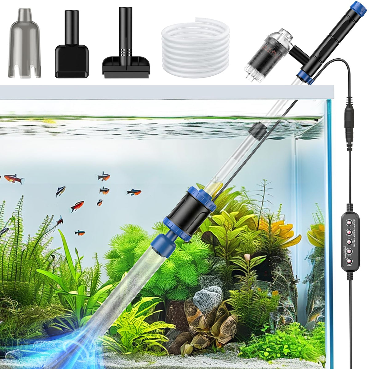 Suness aquarium vacuum with 36W suction demonstrates quick water changes
