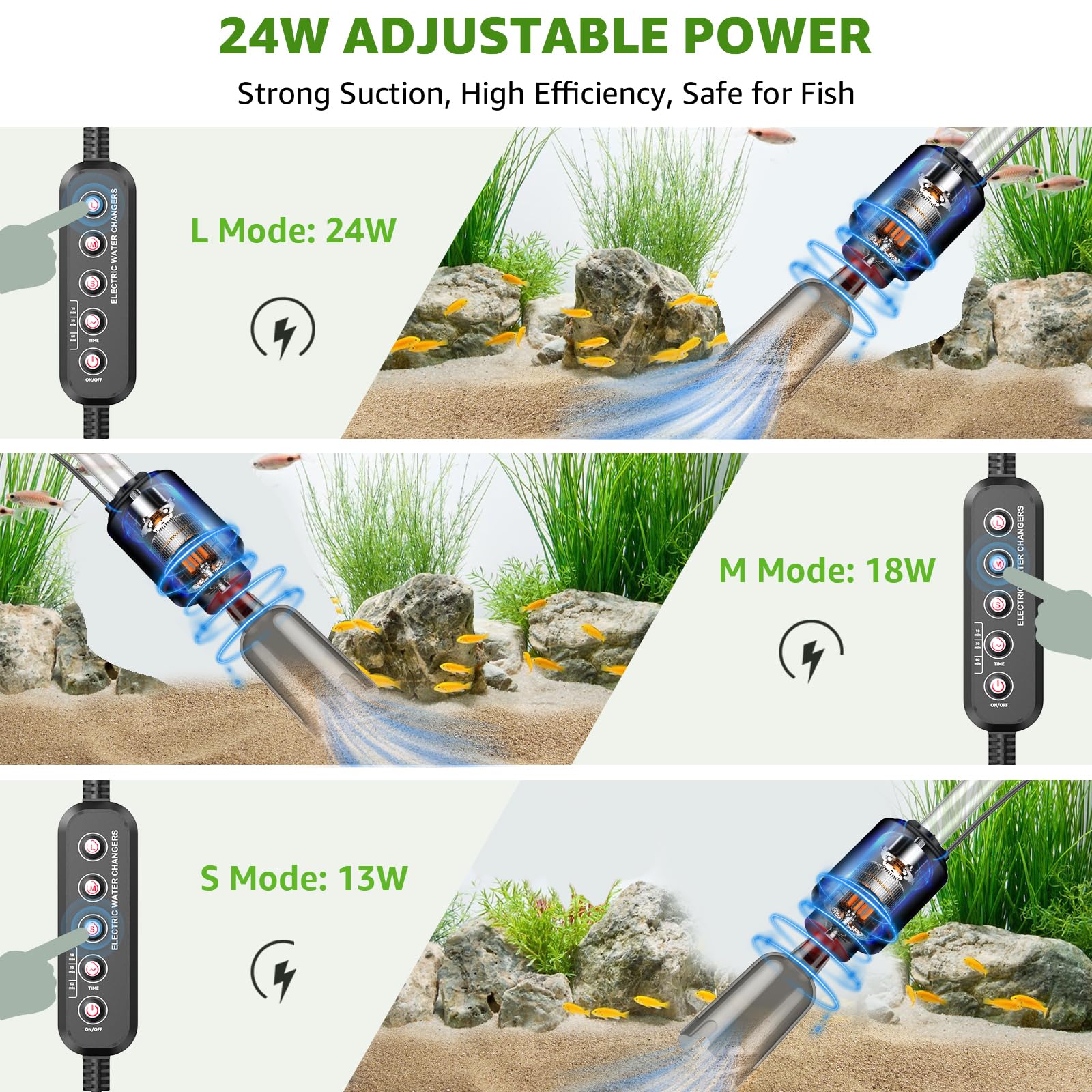 Suness aquarium vacuum demonstrates adjustable power settings for different tank sizes.