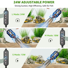 Suness aquarium vacuum demonstrates adjustable power settings for different tank sizes.