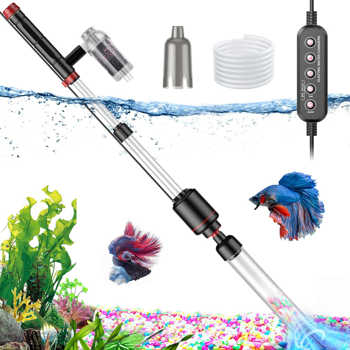 Suness electric aquarium vacuum showing 24W suction for fast gravel cleaning and water changes.
