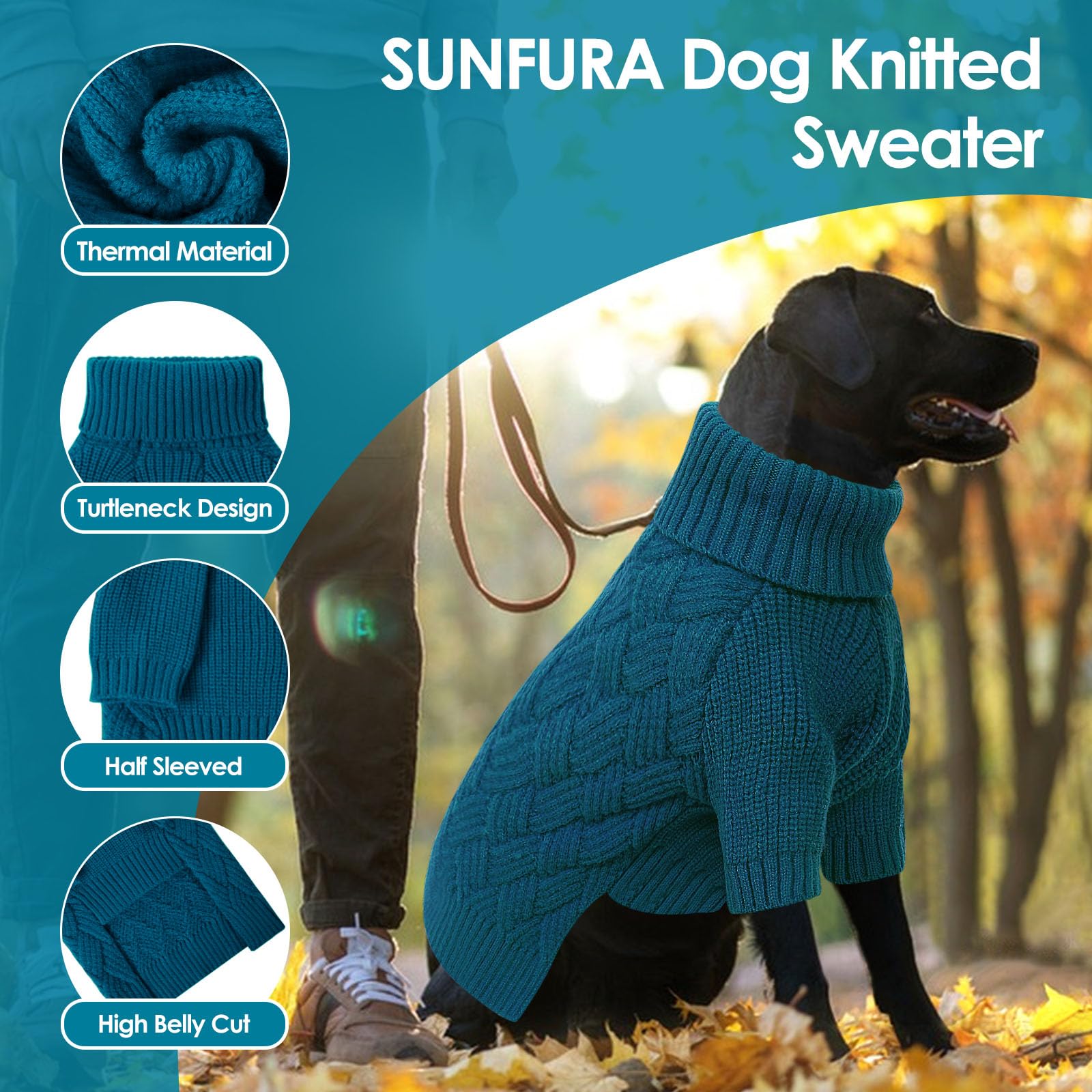 SUNFURA blue XXL dog sweater sleeve design demonstrating full warmth