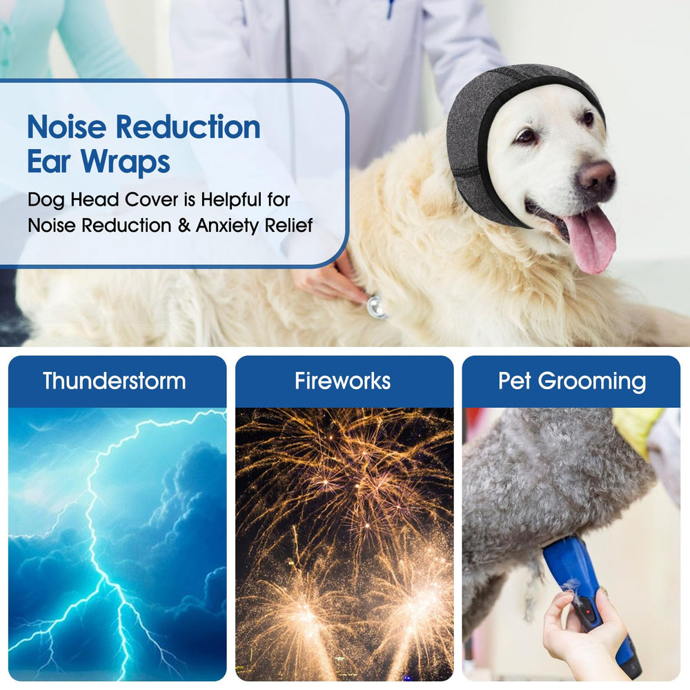 SUNFURA dog calming hoodie ear wrap demonstrates noise-reduction muffs for anxious dogs