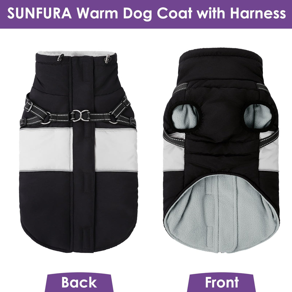 SUNFURA dog coat with built-in harness demonstrates secure leash control.