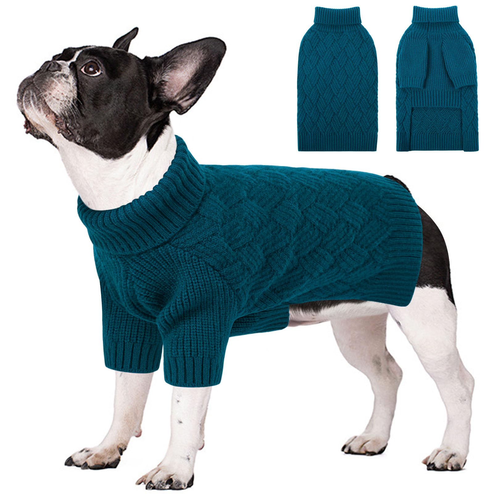 SUNFURA dog sweater medium turtleneck blue knit provides cozy warmth for daily walks.