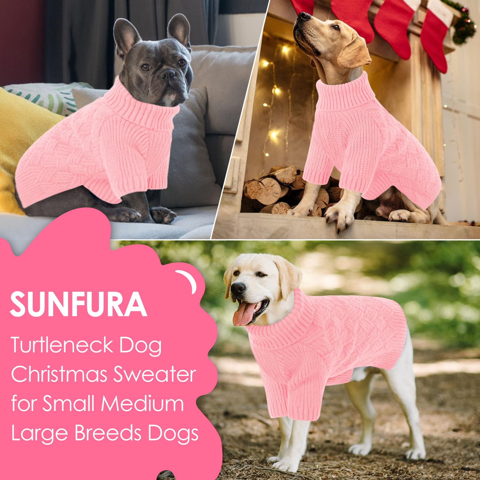 SUNFURA pink XL dog sweater lifestyle shot during a winter walk on dog