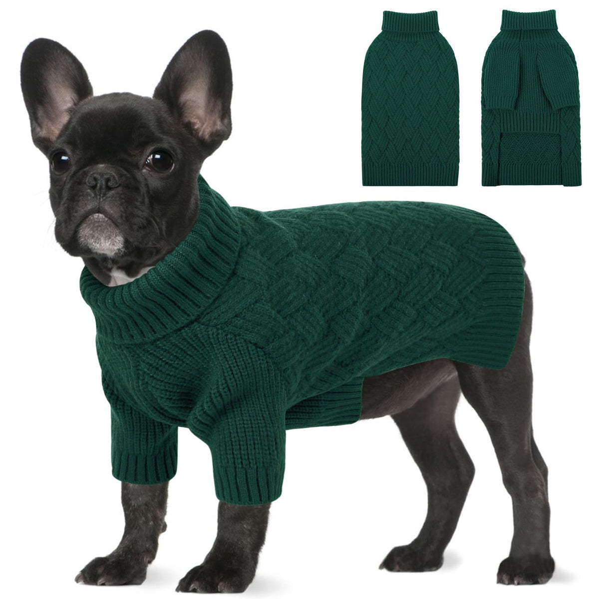 SUNFURA XS dog sweater in green with turtleneck for warm winter walks.