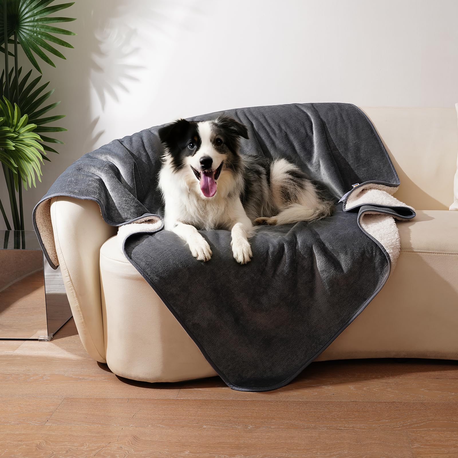 Sunheir waterproof dog blanket gray folded for protection and compact storage.