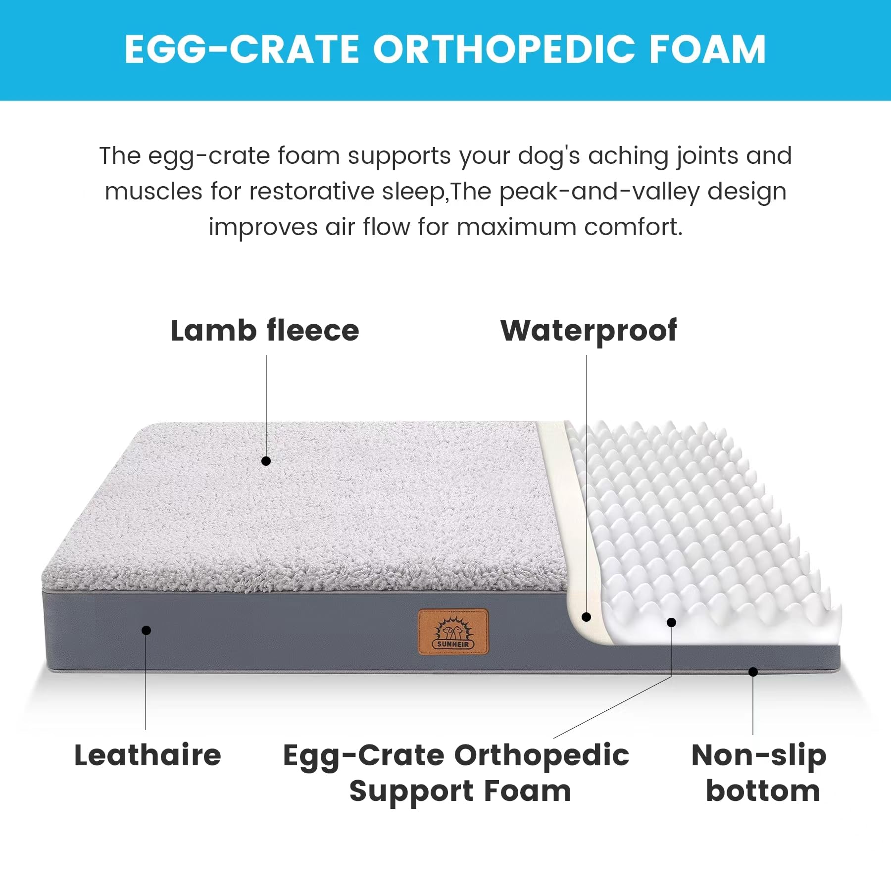 Sunheir Extralarge orthopedic dog bed anti-slip bottom grey keeps it stable during rest.