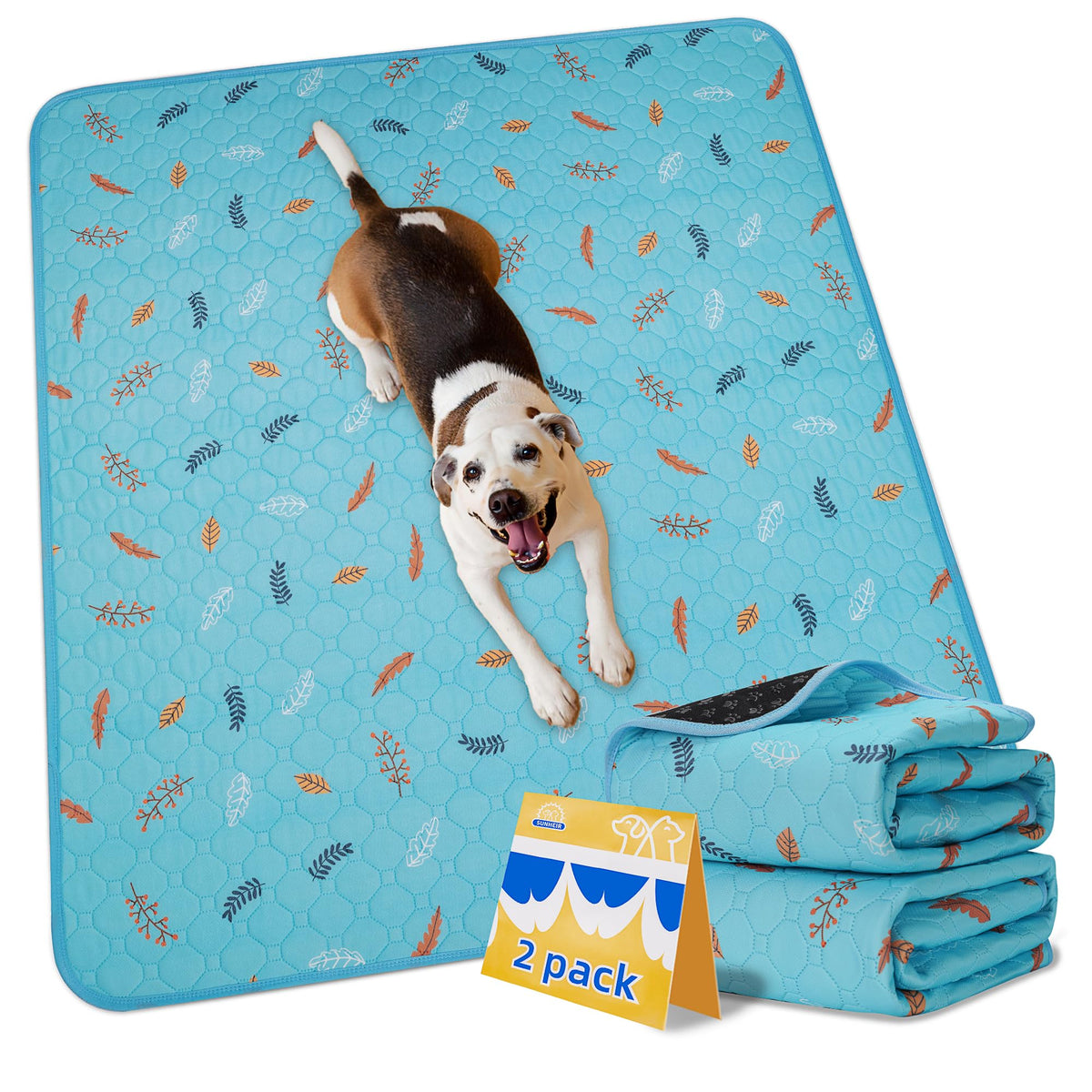 Sunheir washable pee pads 2-pack shown on a floor for easy puppy training and protection.