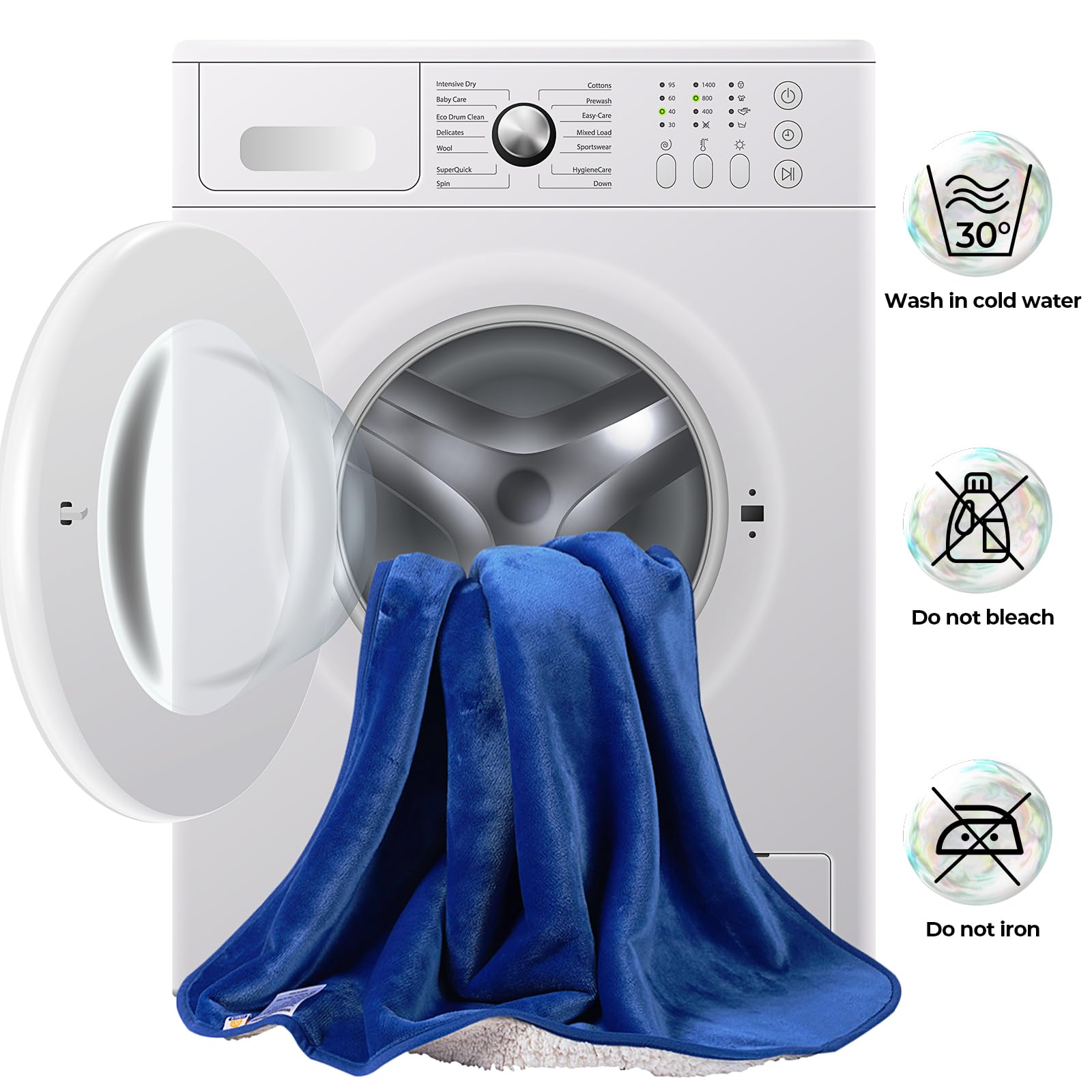 Sunheir blue blanket on couch demonstrates hair and stain protection for furniture.