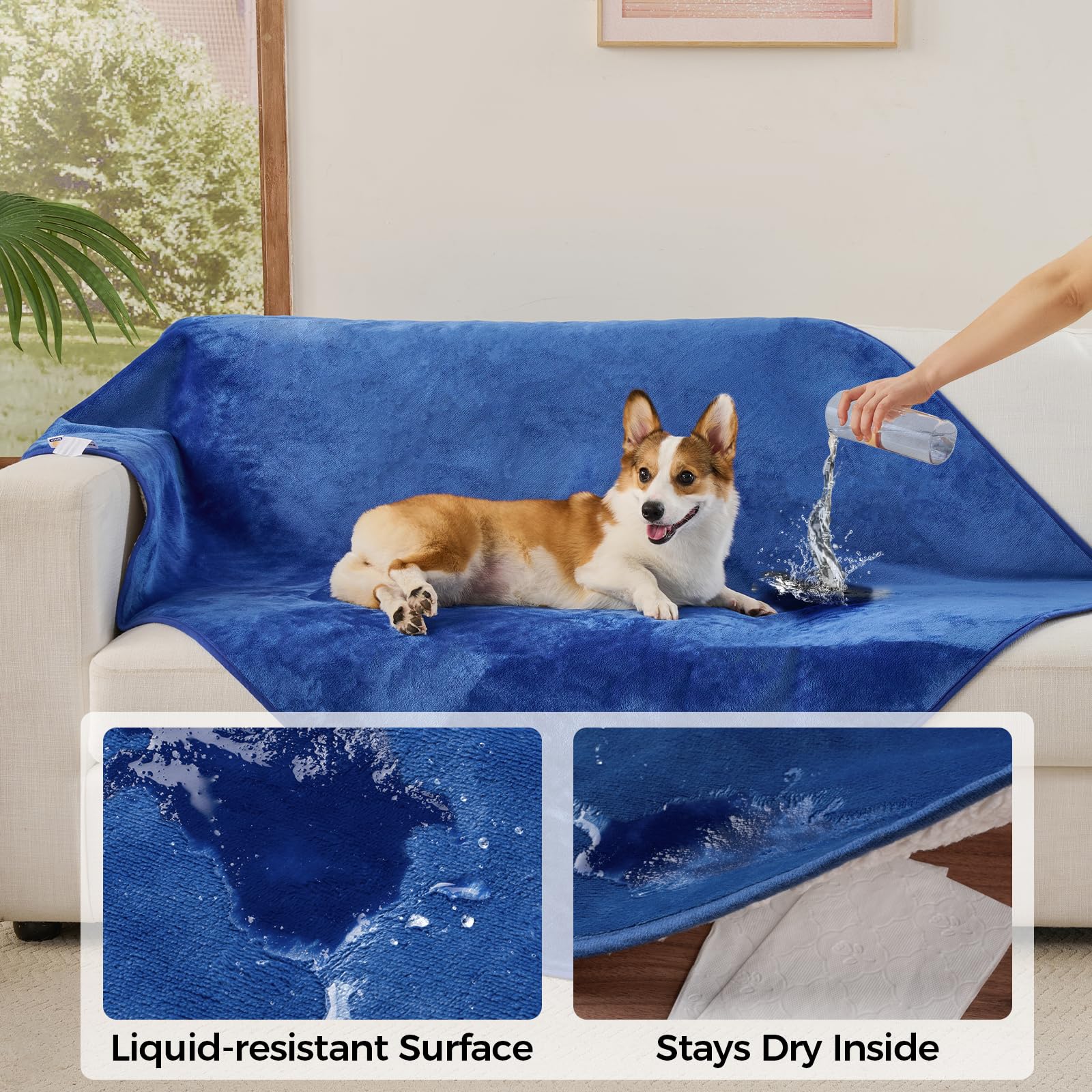 Sunheir blue blanket waterproof layer blocks liquids to protect furniture from spills.