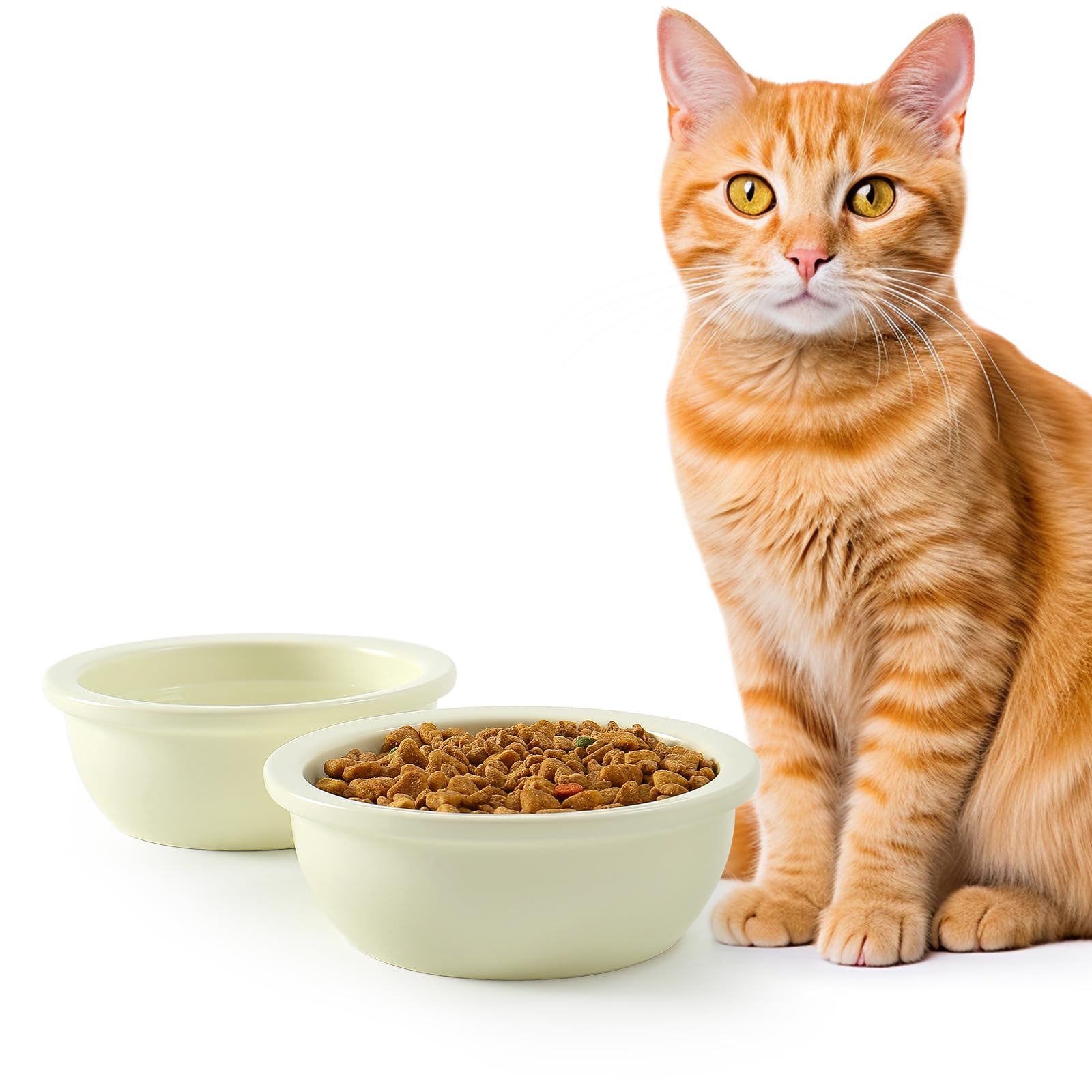 Sunhoo 2PCS ceramic beige cat bowls set with 360ml capacity for daily meals
