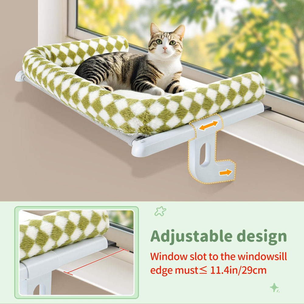 Sunhoo cat window perch plush cover provides cozy, washable comfort.