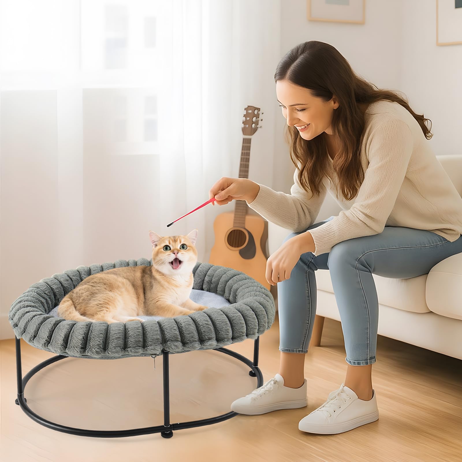 Sunhoo elevated cat bed in a grey living room blending with décor