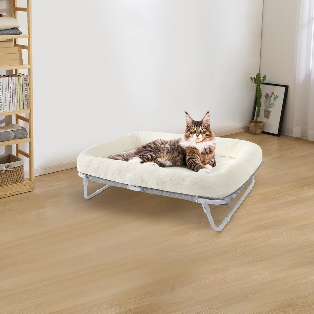 Sunhoo elevated cat bed in home setting suggests a clean, dry lounging spot for pets.