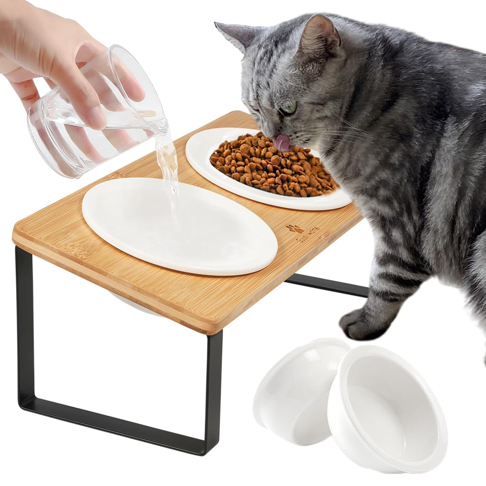 Sunhoo elevated cat bowls on a wooden stand show quick assembly.