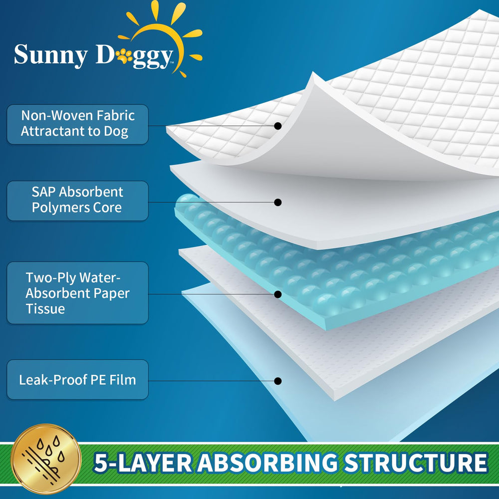 Sunny Doggy pee pad absorbent-core closeup showing moisture lock.