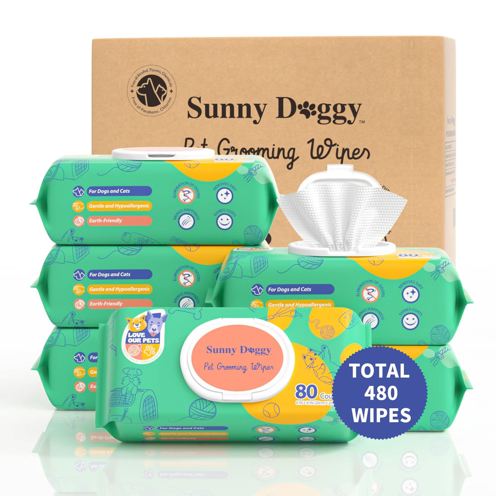 Sunny Doggy Pet Wipes pack-6 provides convenient six-pack packaging for on-the-go odor control.