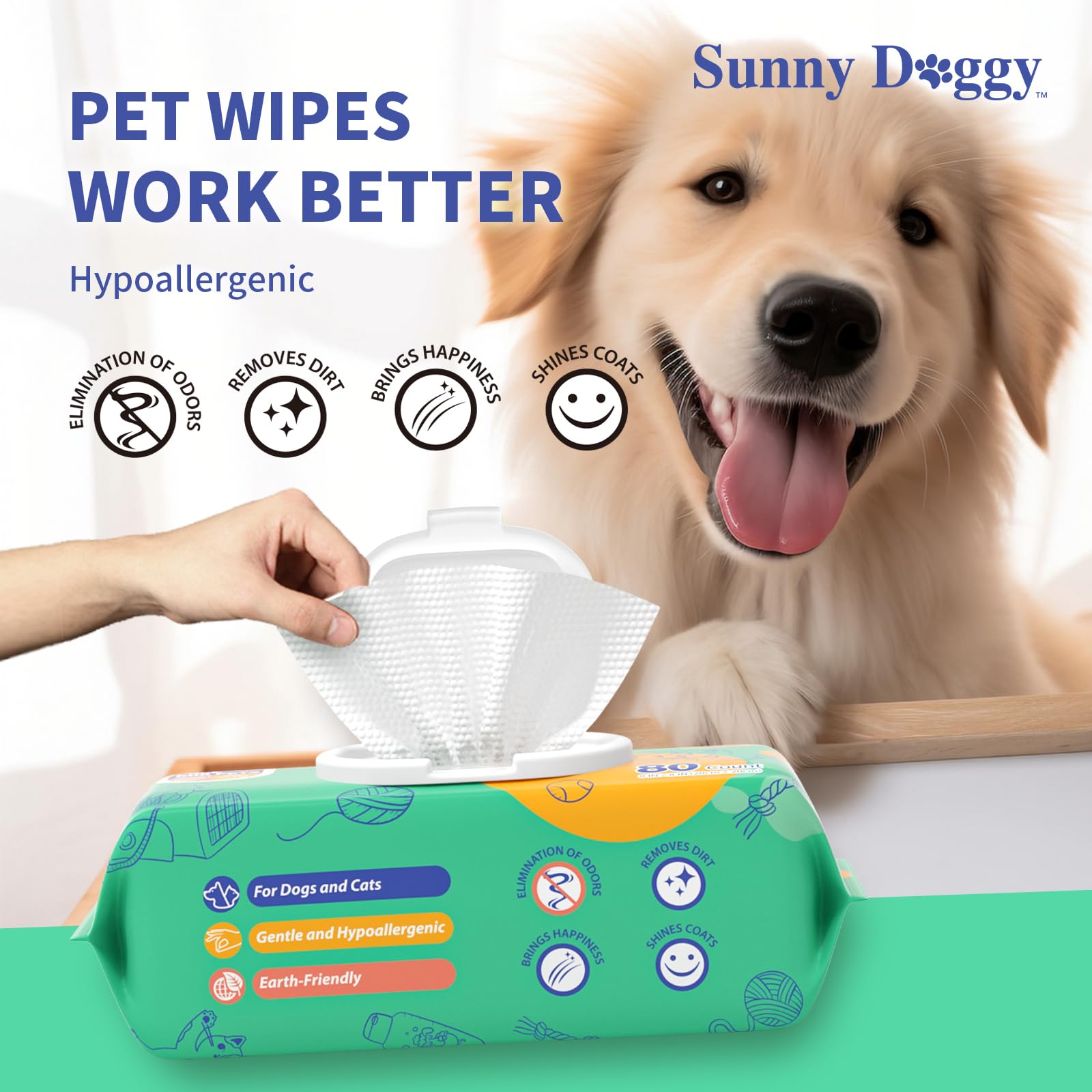 Sunny Doggy Pet Wipes 8x8-inch sheets offer broad coverage for paws and fur.