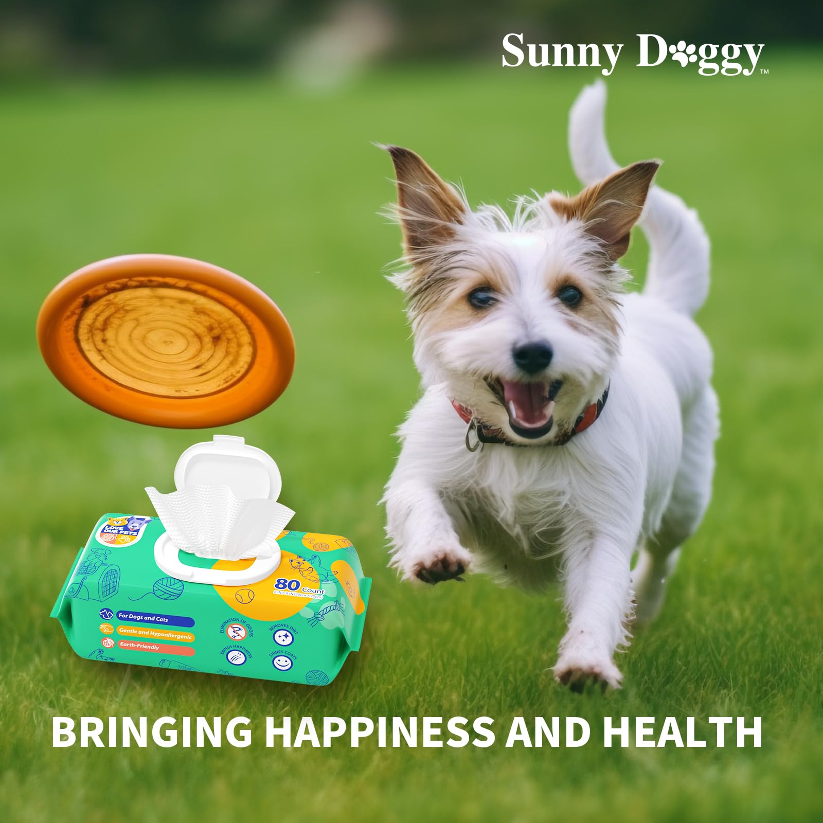 Sunny Doggy Pet Wipes body-pet-care image shows full-body wipe-downs for hygiene.